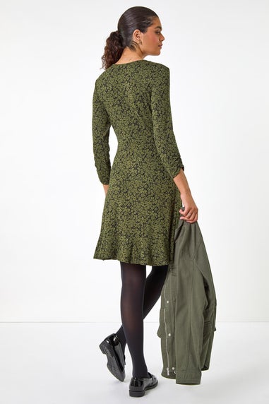 Roman Khaki Floral Print Wrap Front Stretch Dress