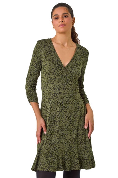 Roman Khaki Floral Print Wrap Front Stretch Dress