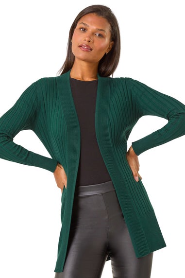 Roman Dark Green Longline Stretch Ribbed Cardigan