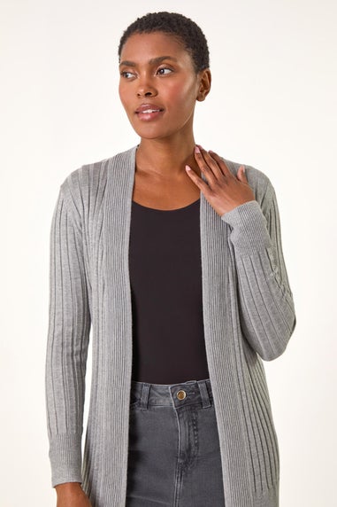 Roman Light Grey Longline Stretch Ribbed Cardigan