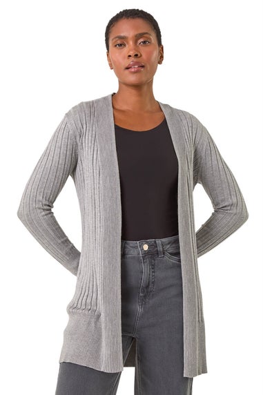 Roman Light Grey Longline Stretch Ribbed Cardigan