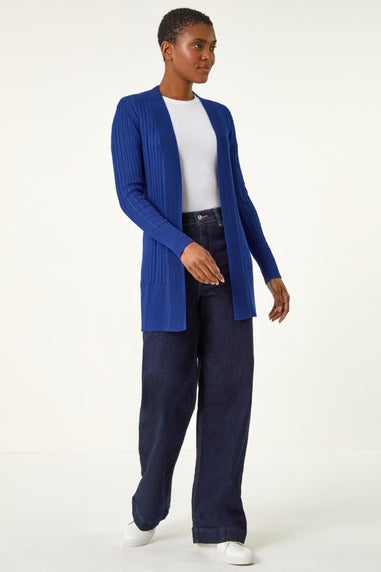 Roman Ink Blue Longline Stretch Ribbed Cardigan