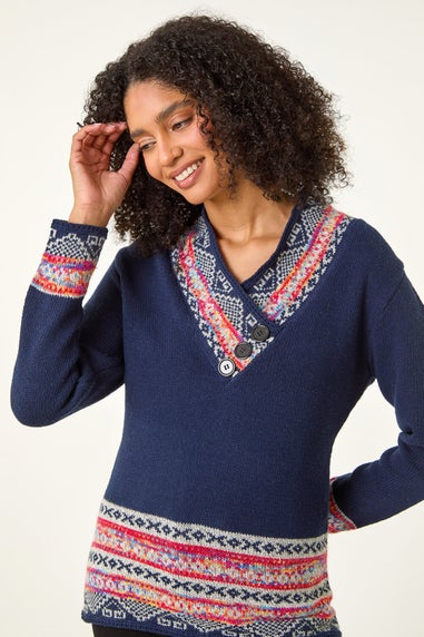 Roman Midnight Blue Nordic Print Button Detail Jumper