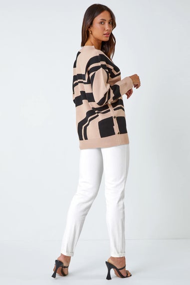 Roman Camel Abstract Print Button Detail Longline Jumper