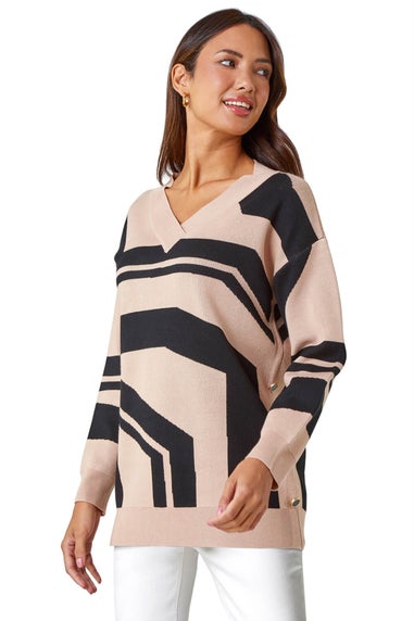 Roman Camel Abstract Print Button Detail Longline Jumper