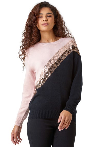 Roman Black Sequin Embellished Colourblock Jumper