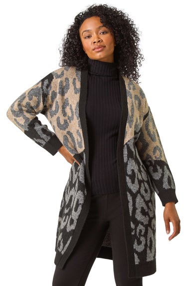 Roman Black Petite Animal Print Contrast Cardigan