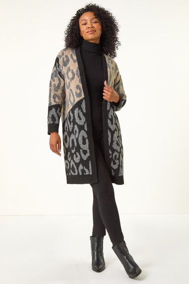 Roman Black Petite Animal Print Contrast Cardigan