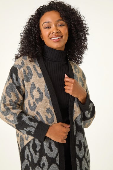 Roman Black Petite Animal Print Contrast Cardigan