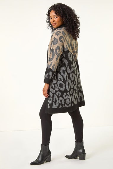 Roman Black Petite Animal Print Contrast Cardigan