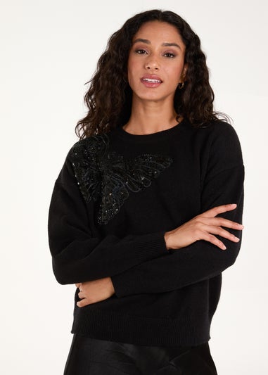 Blue Vanilla Black Embellished Sequin Butterfly Jumper