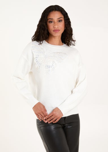 Blue Vanilla Ivory Embellished Sequin Butterfly Jumper