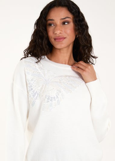 Blue Vanilla Ivory Embellished Sequin Butterfly Jumper