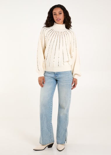 Blue Vanilla Ivory Sequin High Neck Jumper