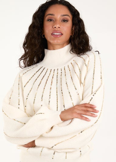 Blue Vanilla Ivory Sequin High Neck Jumper