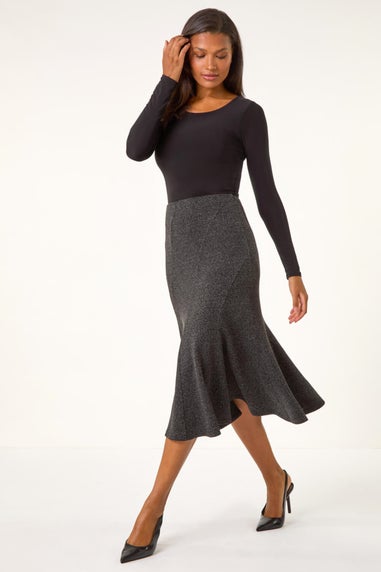 Roman Charcoal Flared Textured Midi Stretch Skirt