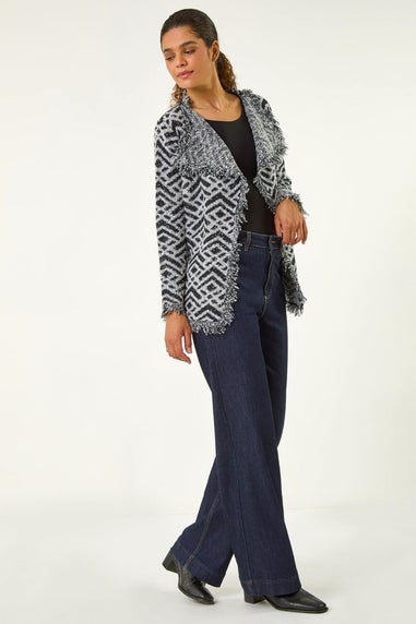 Roman Black Geometric Fringe Collared Cardigan