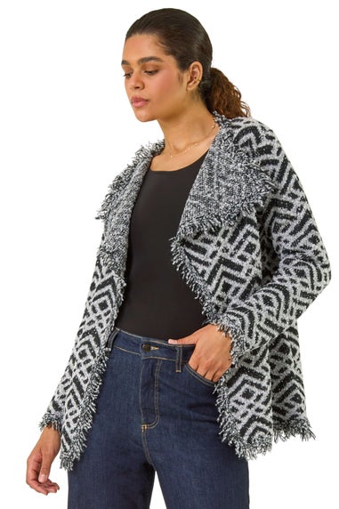 Roman Black Geometric Fringe Collared Cardigan