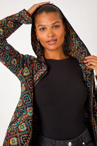 Roman Multi Aztec Zip Front Hooded Cardigan