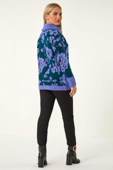 Roman Blue Petite Floral Print Roll Neck Jumper