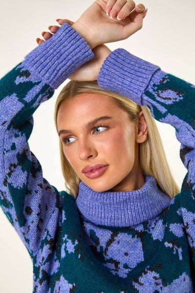 Roman Blue Petite Floral Print Roll Neck Jumper