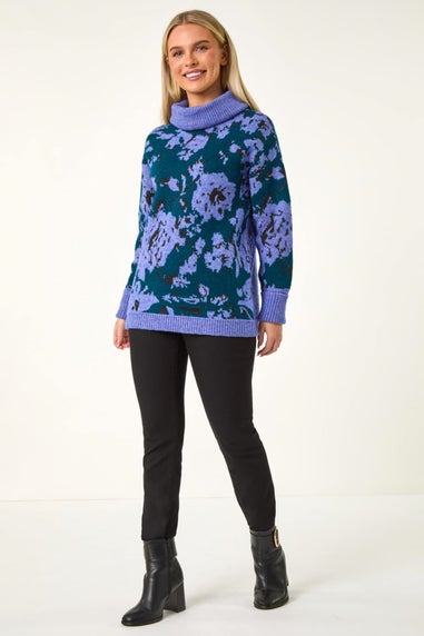 Roman Blue Petite Floral Print Roll Neck Jumper