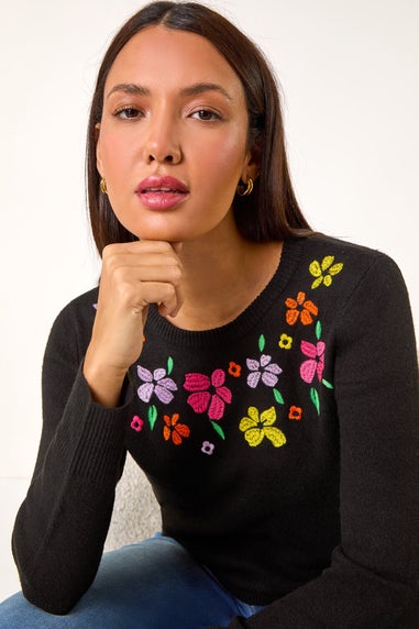 Roman Black Floral Embroidered Crew Neck Sweater