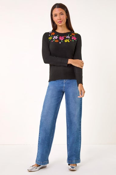 Roman Black Floral Embroidered Crew Neck Sweater