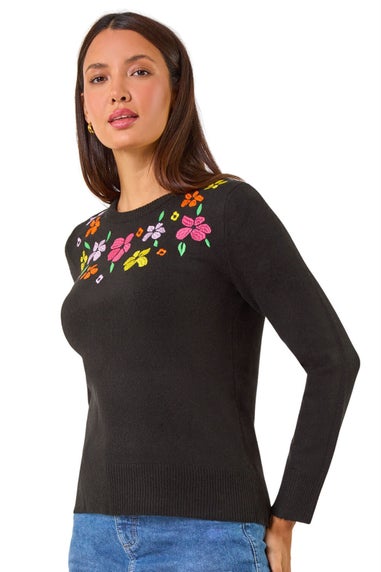 Roman Black Floral Embroidered Crew Neck Sweater