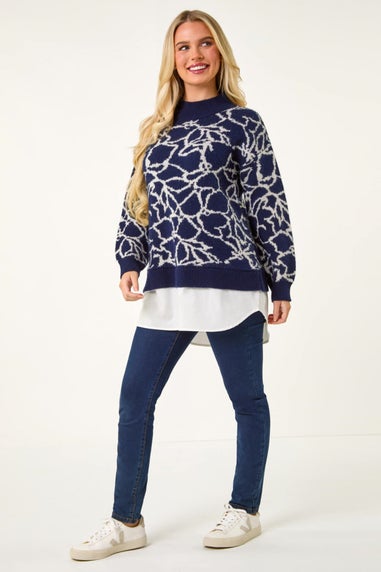 Roman Navy Floral Contrast Knit Jumper