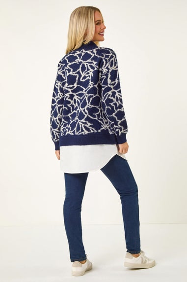 Roman Navy Floral Contrast Knit Jumper