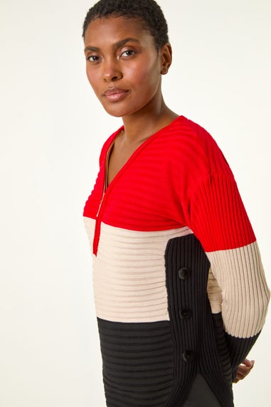 Roman Red Colour Block Zip Front Knit Jumper