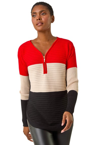 Roman Red Colour Block Zip Front Knit Jumper