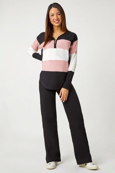 Roman Pink Cotton Blend Stripe Zip Knit