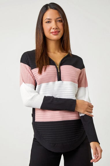 Roman Pink Cotton Blend Stripe Zip Knit