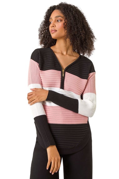 Roman Pink Cotton Blend Stripe Zip Knit