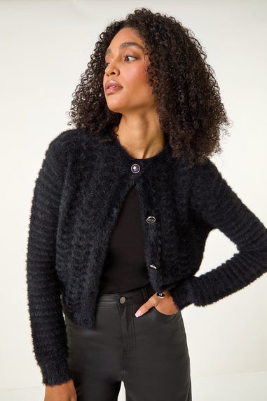 Roman Black Fluffy Knit Button Cardigan