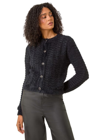 Roman Black Fluffy Knit Button Cardigan