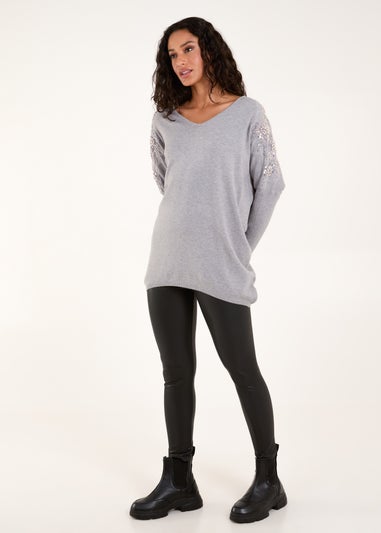 Blue Vanilla Grey Embellished Shoulder V Neck Jumper