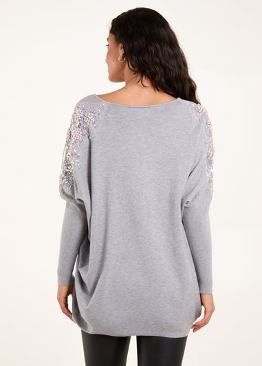 Blue Vanilla Grey Embellished Shoulder V Neck Jumper