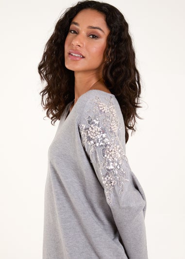 Blue Vanilla Grey Embellished Shoulder V Neck Jumper