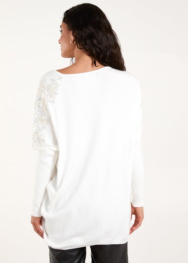 Blue Vanilla Ivory Embellished Shoulder V Neck Jumper