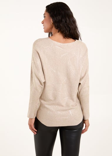 Blue Vanilla Beige Foil Leaf Print Round Neck Jumper