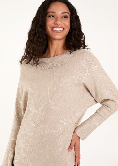 Blue Vanilla Beige Foil Leaf Print Round Neck Jumper