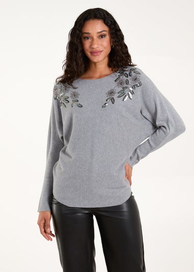 Blue Vanilla Grey Sequin Flower Detail Batwing Jumper