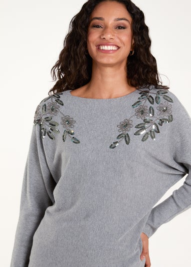 Blue Vanilla Grey Sequin Flower Detail Batwing Jumper