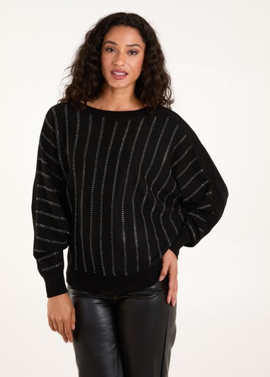 Blue Vanilla Black Striped Diamante Batwing Jumper