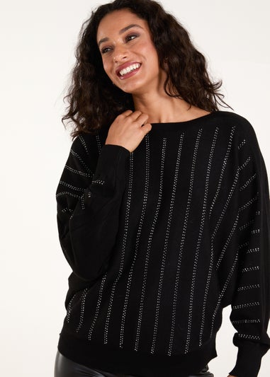 Blue Vanilla Black Striped Diamante Batwing Jumper