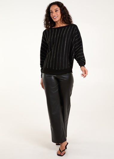 Blue Vanilla Black Striped Diamante Batwing Jumper