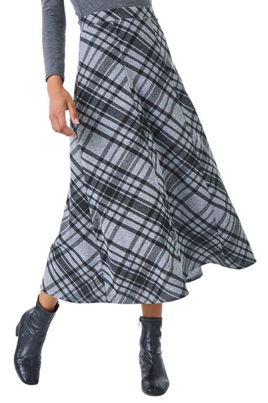 Roman Grey Elastic Waist Check Print Stretch Skirt